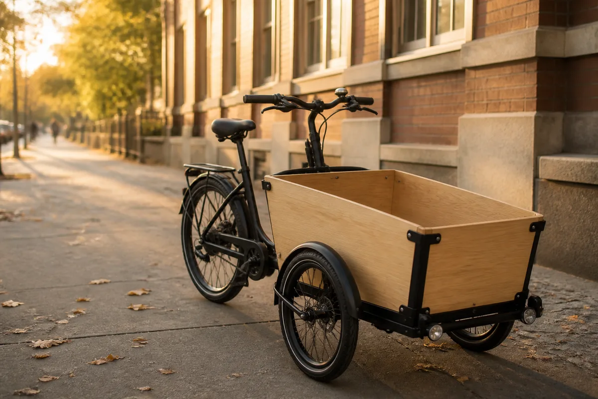 Vélo cargo électrique stationné devant une école avec caisse avant vide