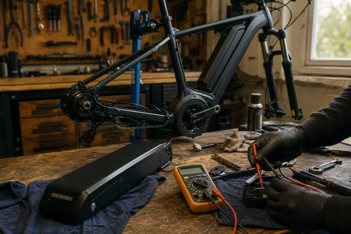 Atelier de réparation avec un vélo électrique sur pied et une batterie en cours de diagnostic