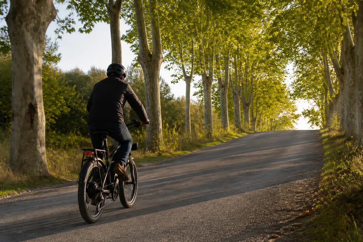 Cycliste de dos essayant un vélo électrique sur une route en montée bordée d’arbres