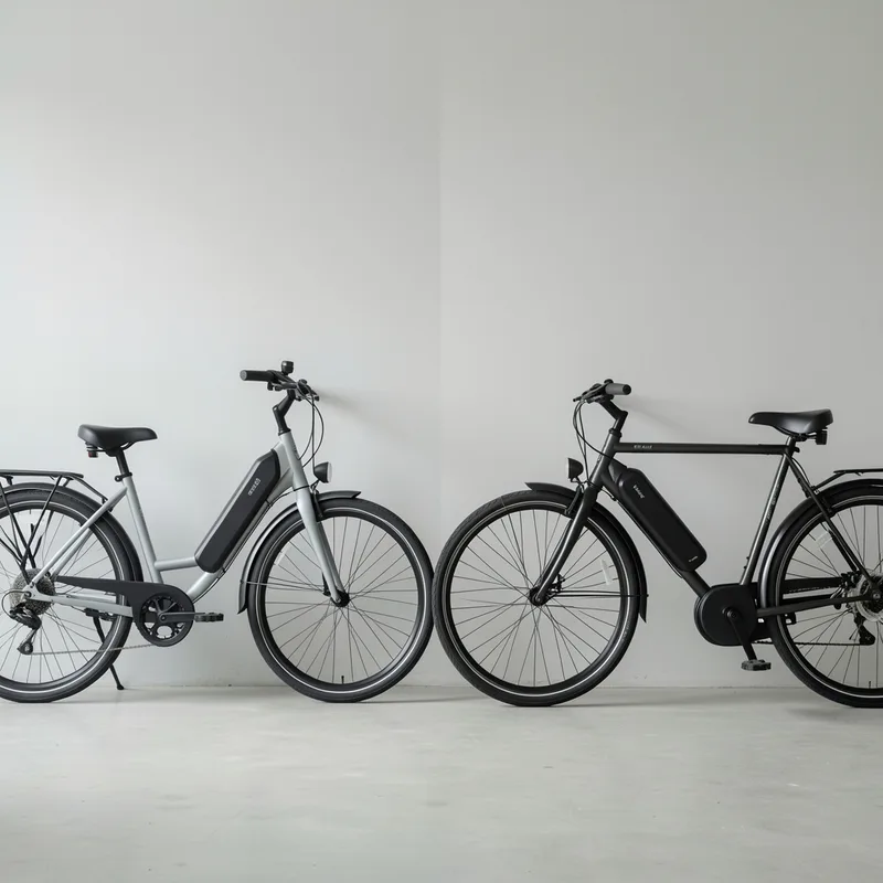 Deux vélos électriques de ville côte à côte, l&rsquo;un à cadre bas plongeant, l&rsquo;autre à cadre traversant