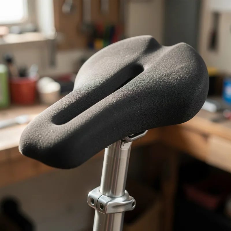 Gros plan sur une selle de vélo à assise large et découpe centrale, montée sur une tige de selle