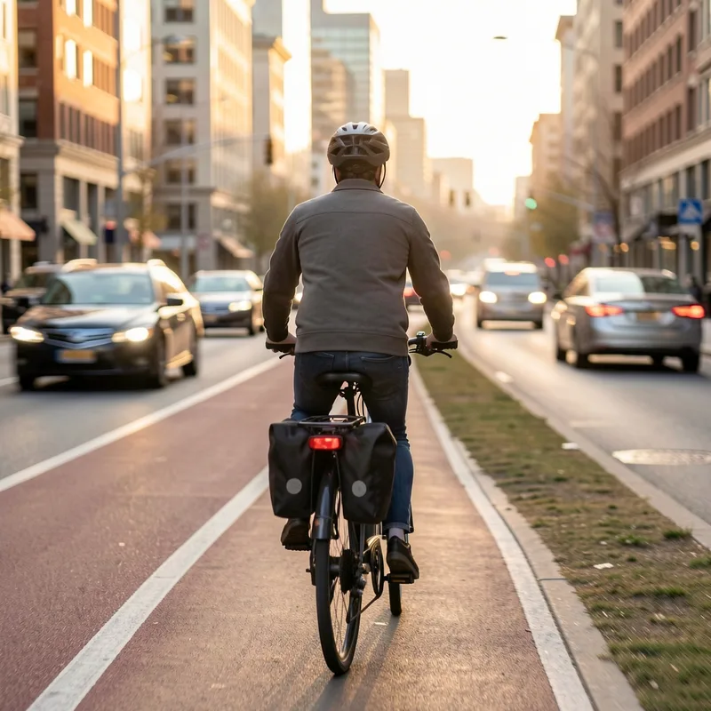 Cycliste de dos sur un vélo électrique à cadre bas dans une rue urbaine avec piste cyclable