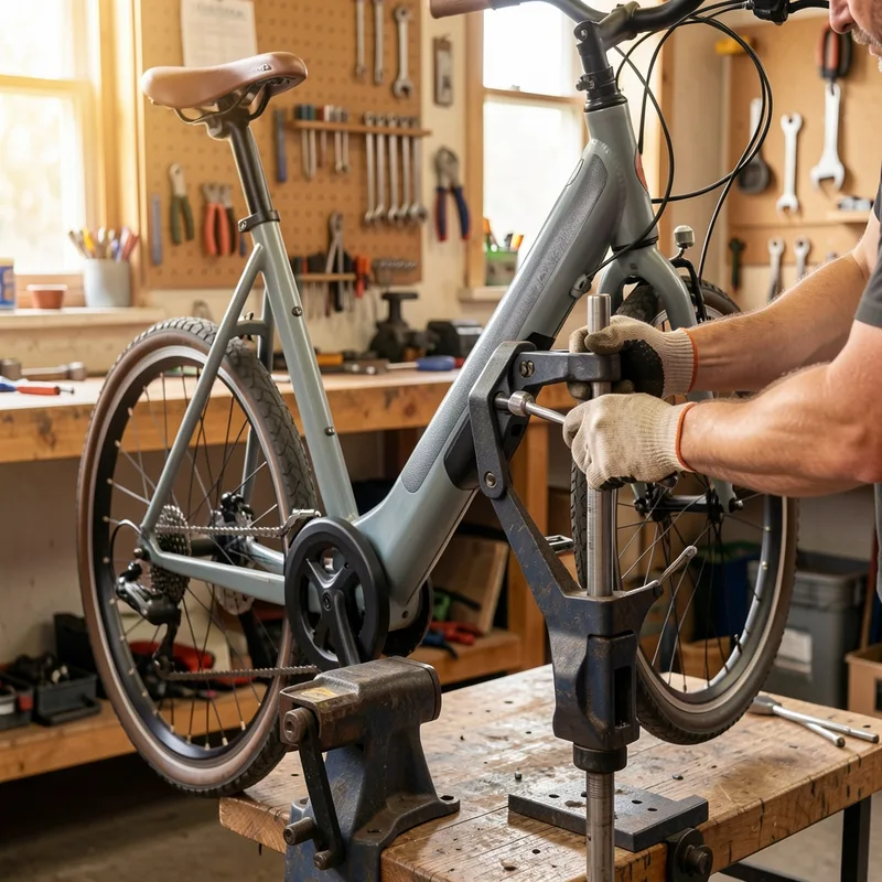 Atelier de vélo avec un mécanicien ajustant la hauteur de selle d&rsquo;un vélo électrique sur un pied de réparation