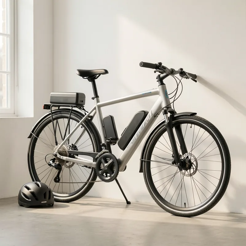 Cycliste sur un vélo à assistance électrique le long d'une voie verte, batterie intégrée au cadre et écran de commande au guidon